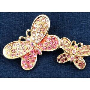 Vintage Costume Brooch Pin 2” Gold Tone Rhinestones Double Butterfly Pinks